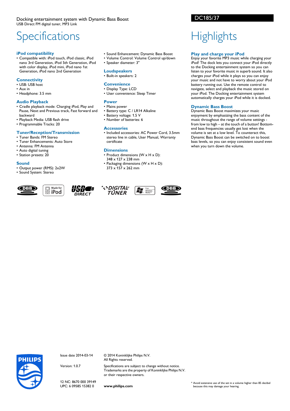 Specifications, Highlights | Philips DC185-37 User Manual | Page 2 / 2