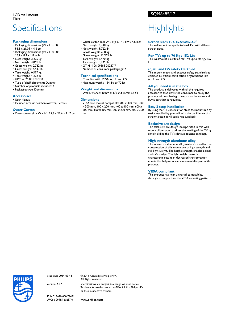 Specifications, Highlights | Philips SQM6485-17 User Manual | Page 2 / 2