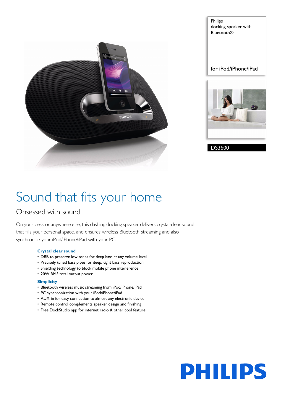 Philips docking speaker with Bluetooth® DS3600 for iPod-iPhone-iPad User Manual | 2 pages