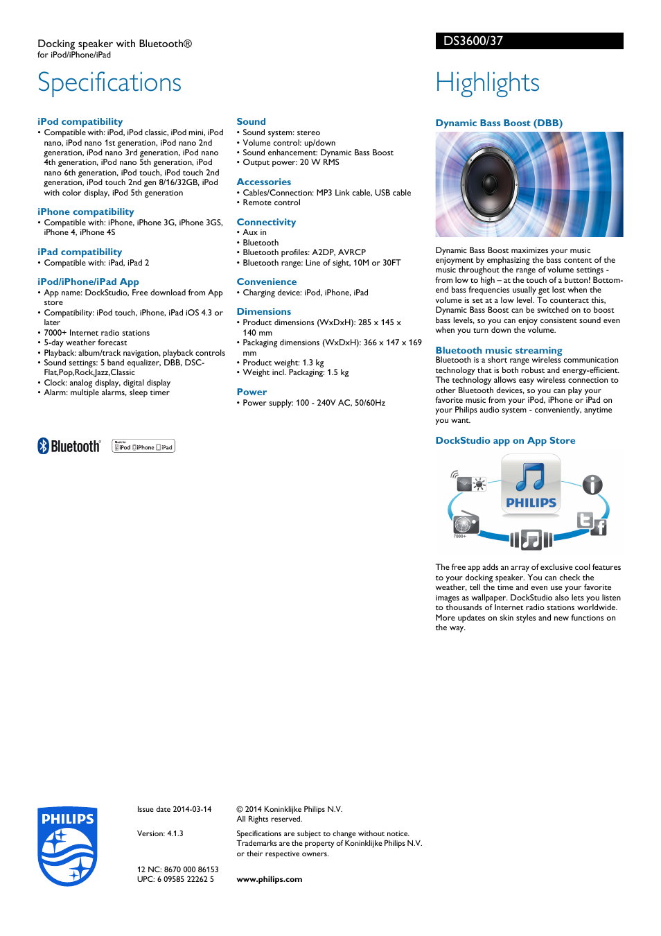 Specifications, Highlights | Philips docking speaker with Bluetooth® DS3600 for iPod-iPhone-iPad User Manual | Page 2 / 2