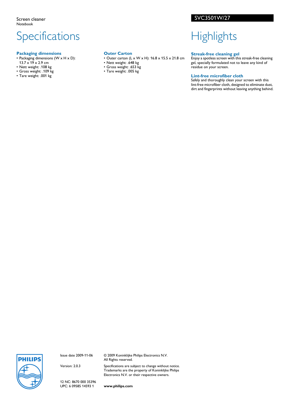 Specifications, Highlights | Philips SVC3501W-27 User Manual | Page 2 / 2