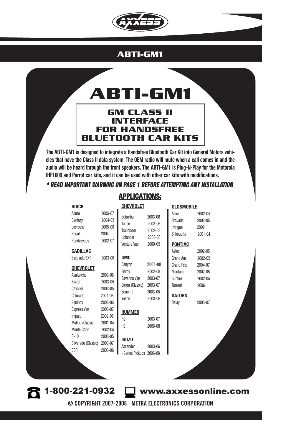 Axxess Interface ABTI-GM1 User Manual | 8 pages