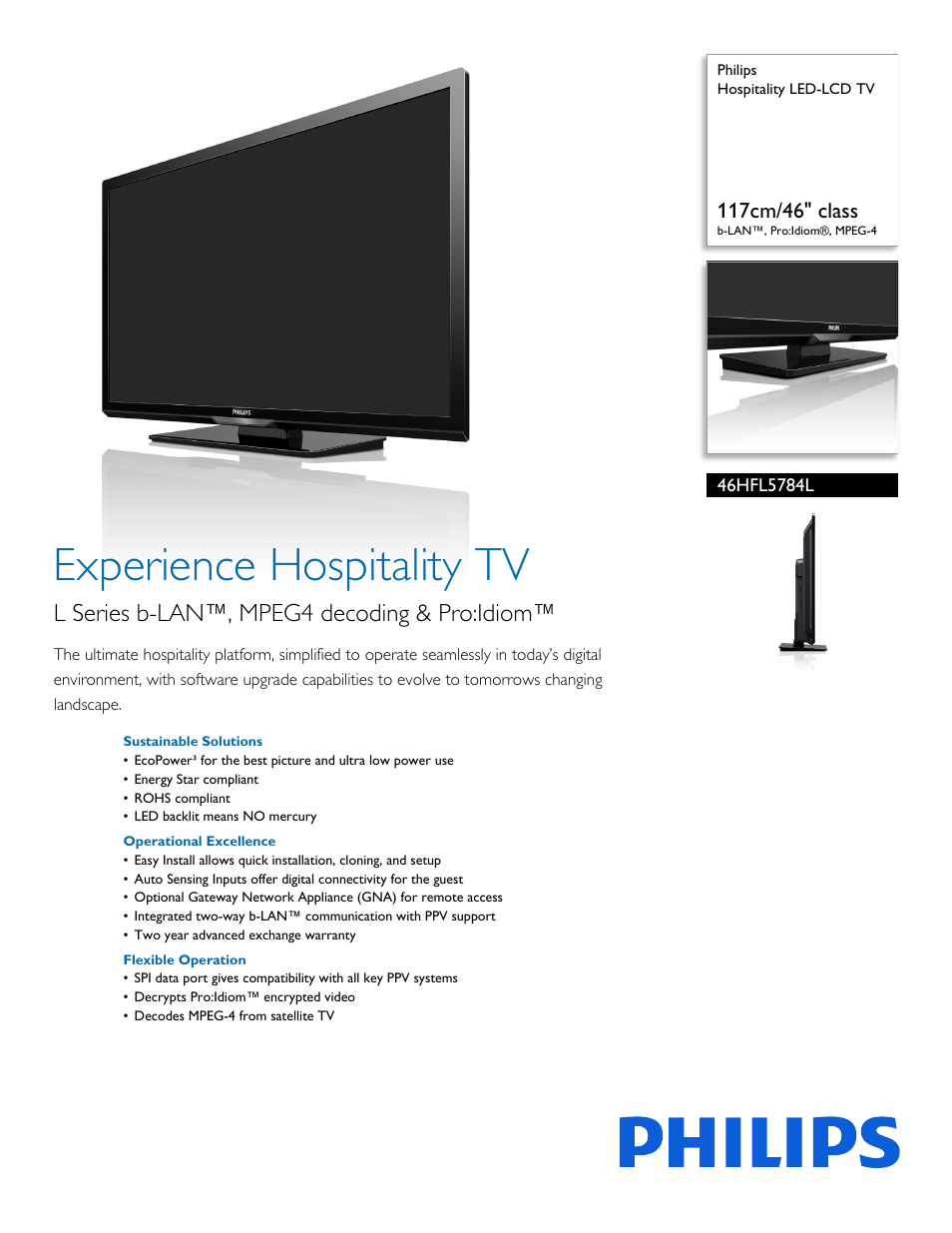 Philips Hospitality LED-LCD TV 46HFL5784L 117cm-46" class b-LAN™ ProIdiom® MPEG-4 User Manual | 3 pages