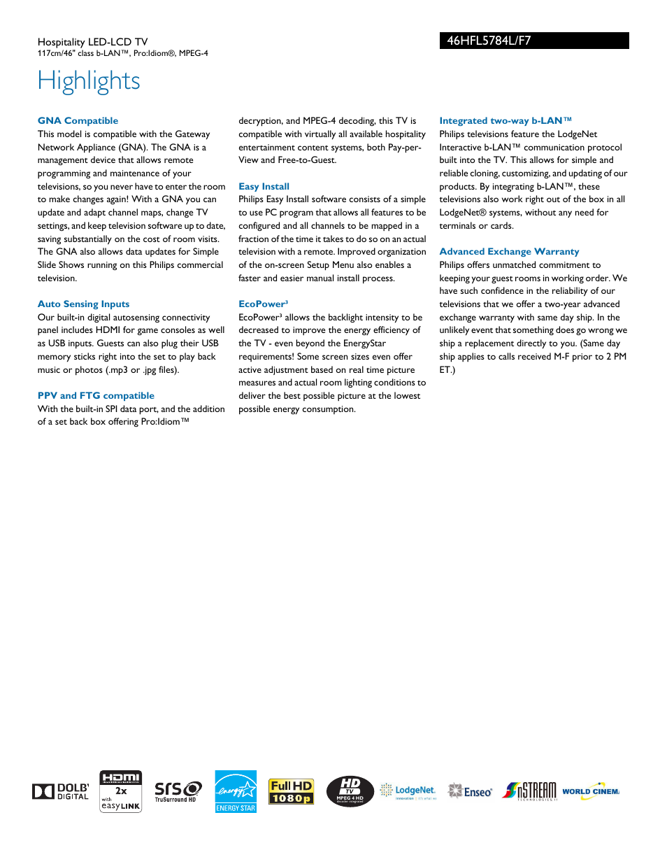 Highlights | Philips Hospitality LED-LCD TV 46HFL5784L 117cm-46" class b-LAN™ ProIdiom® MPEG-4 User Manual | Page 2 / 3