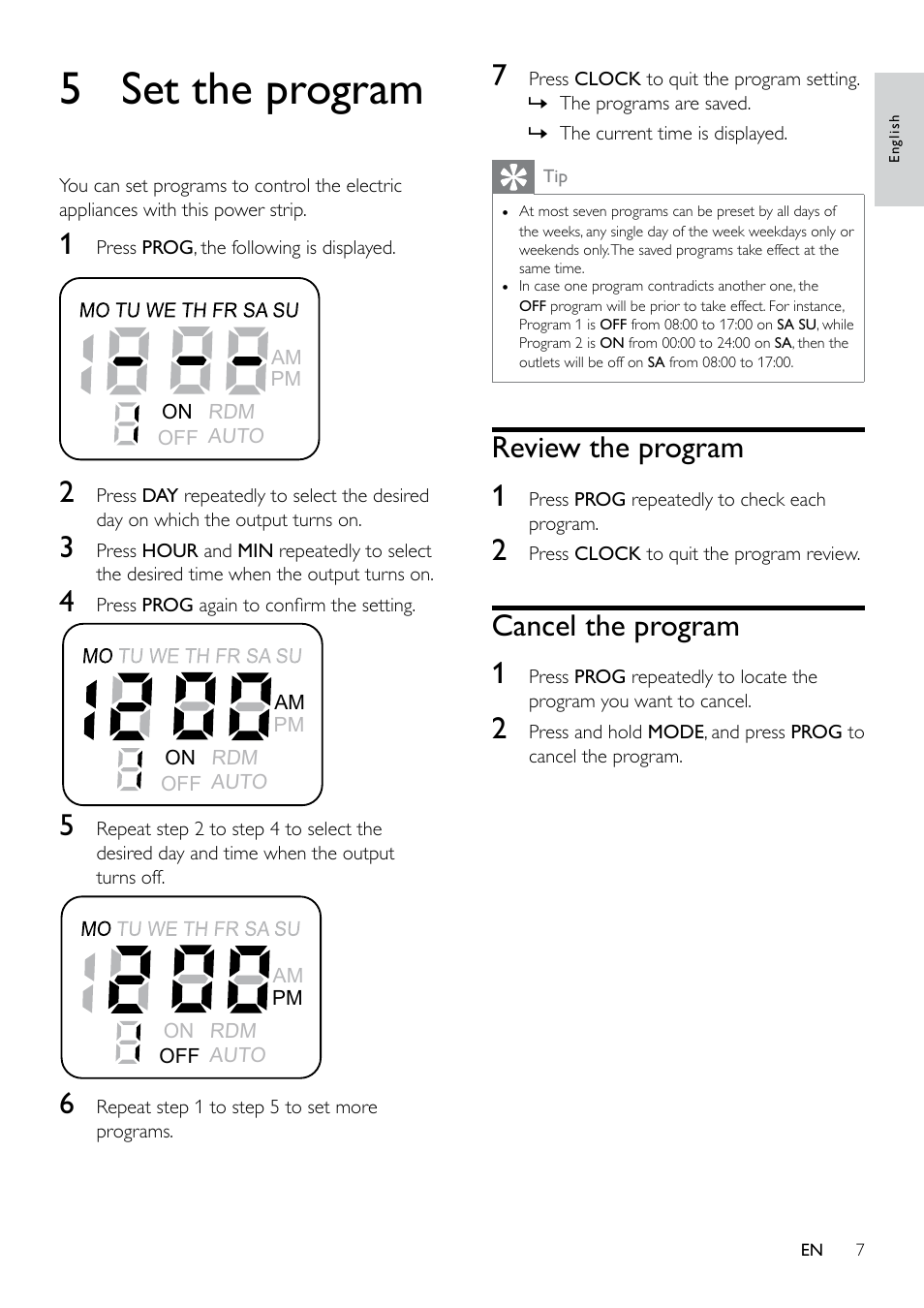 5 set the program, Review the program 1, Cancel the program 1 | Philips SPS6060A-17 User Manual | Page 7 / 10