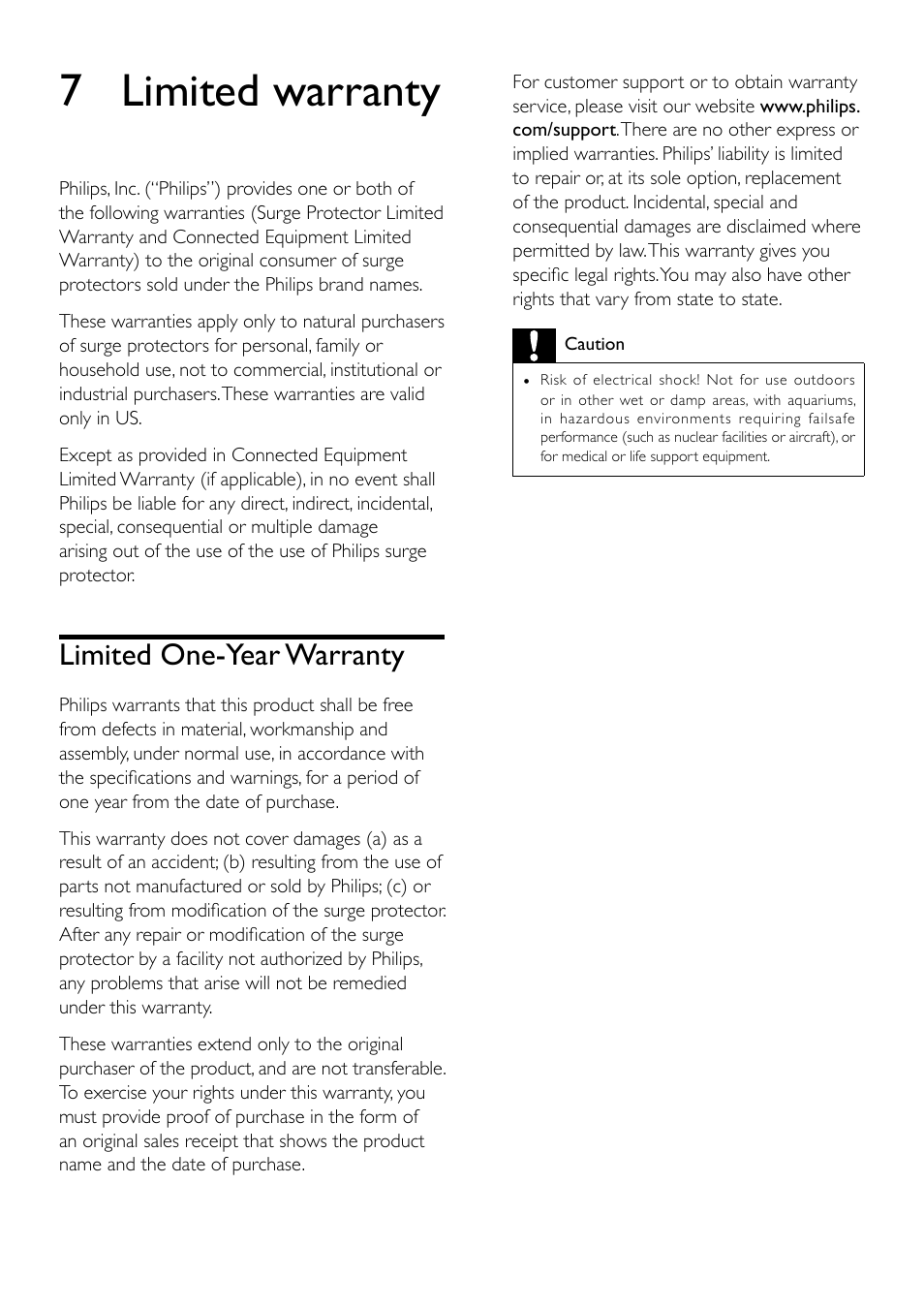 7 limited warranty, Limited one-year warranty | Philips SPS6060A-17 User Manual | Page 9 / 10