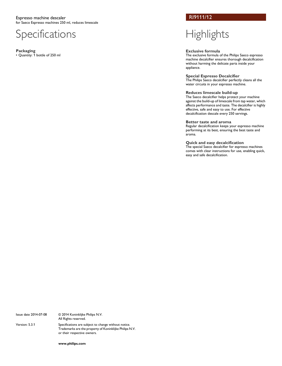 Specifications, Highlights | Philips RI9111-12 User Manual | Page 2 / 2