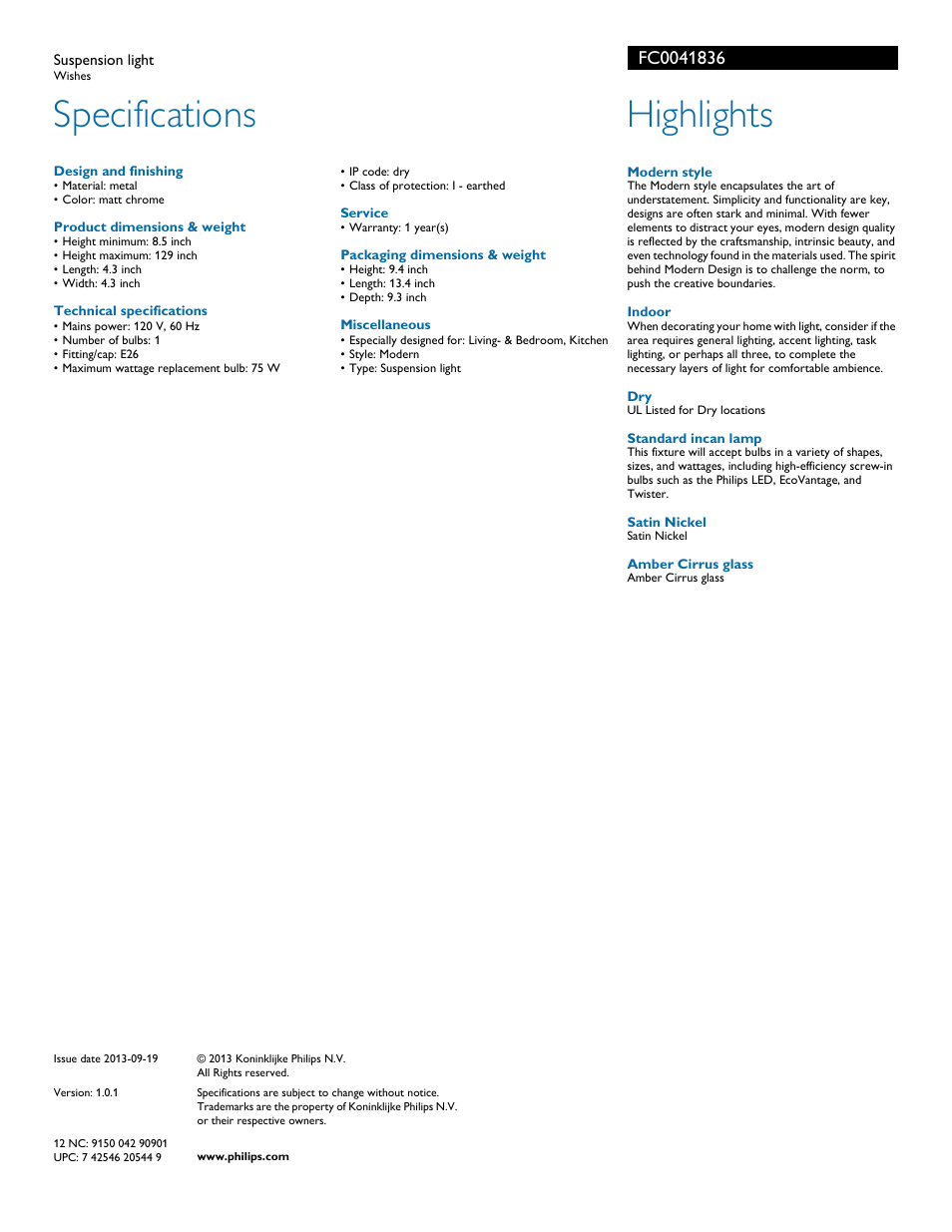 Specifications, Highlights | Philips FC0041836 User Manual | Page 2 / 2
