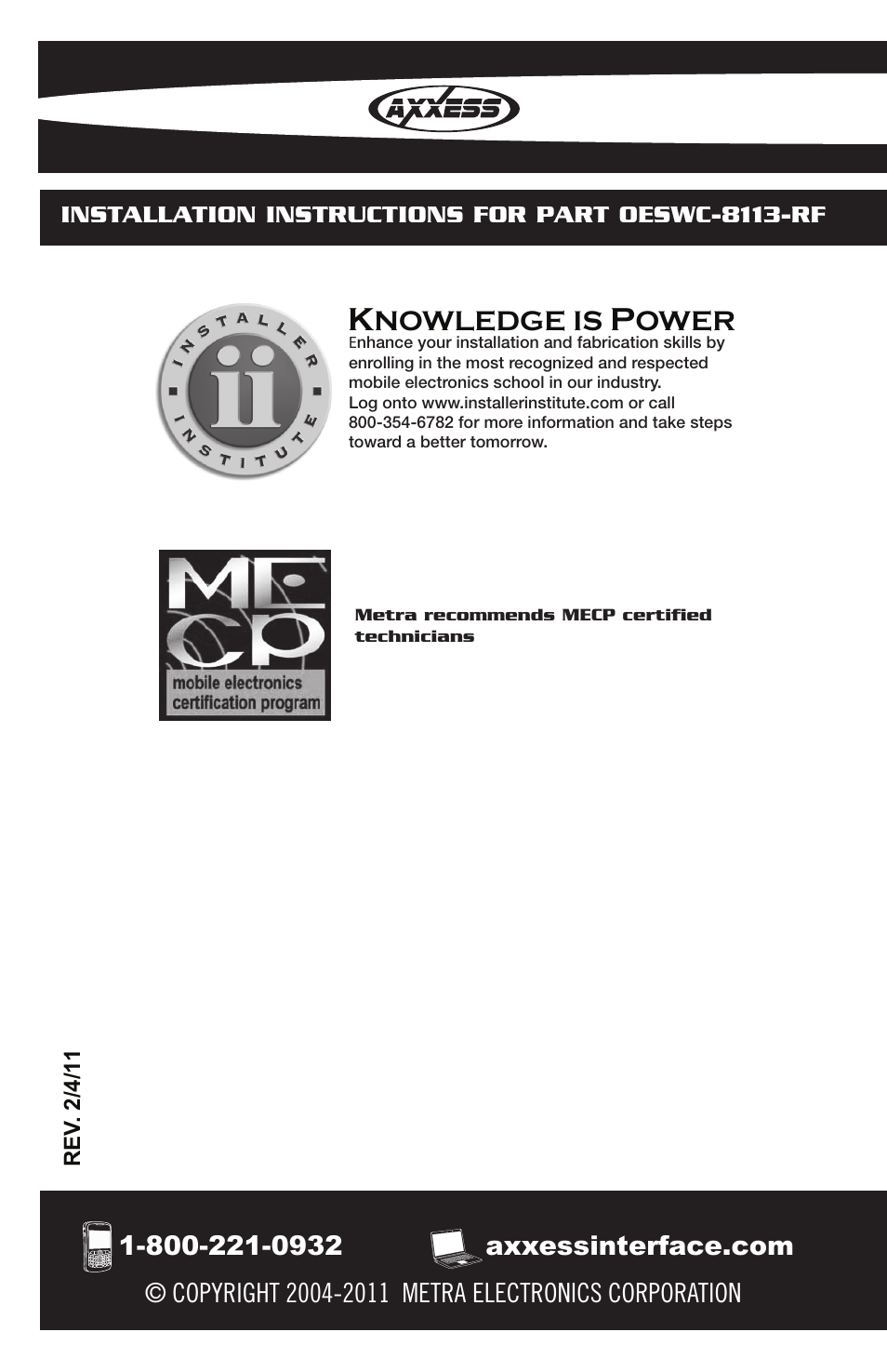 Nowledge is, Ower | Axxess Interface OESWC-8113-RF User Manual | Page 8 / 8