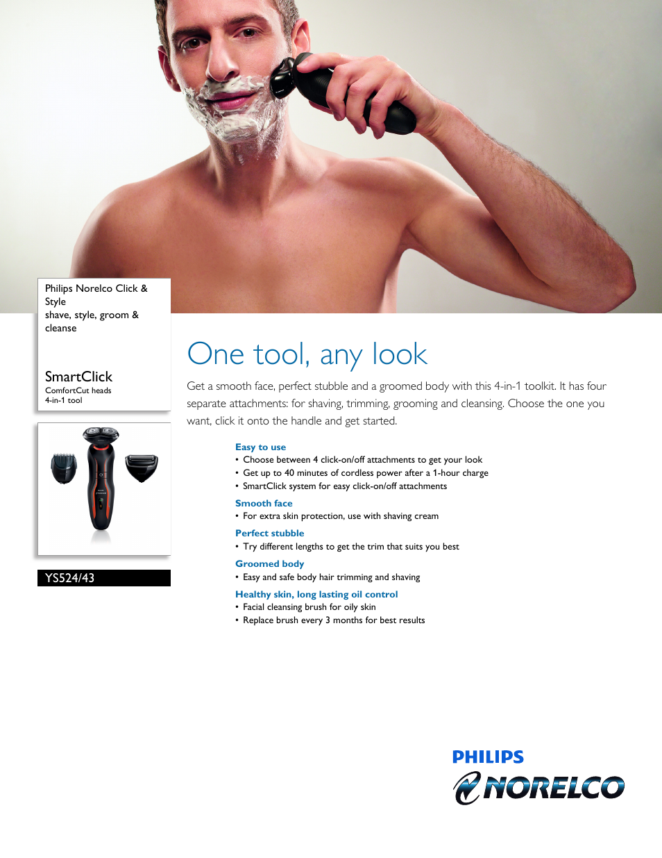Philips Norelco Click & Style shave style groom & cleanse YS524-43 SmartClick ComfortCut heads 4-in-1 tool User Manual | 3 pages