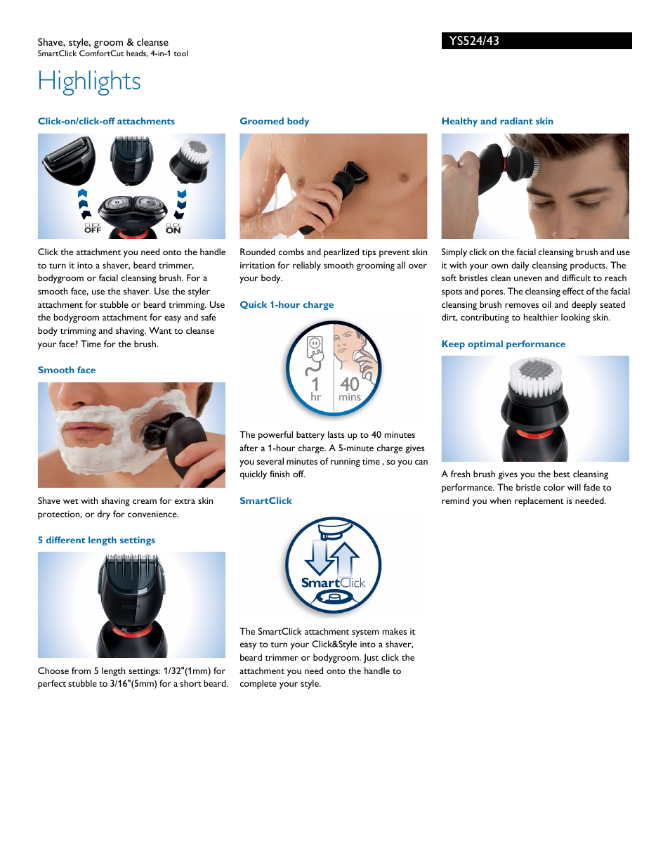 Highlights | Philips Norelco Click & Style shave style groom & cleanse YS524-43 SmartClick ComfortCut heads 4-in-1 tool User Manual | Page 2 / 3