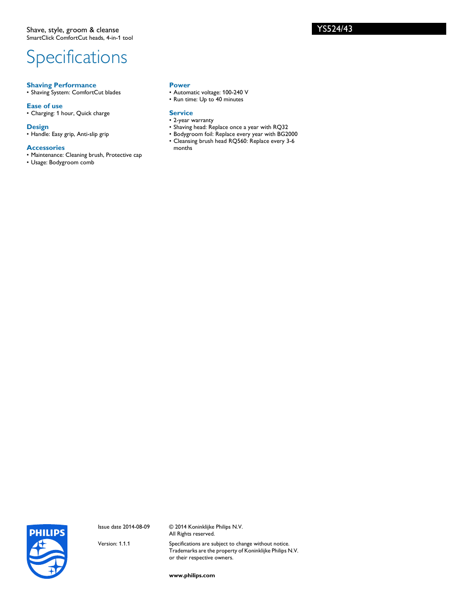 Specifications | Philips Norelco Click & Style shave style groom & cleanse YS524-43 SmartClick ComfortCut heads 4-in-1 tool User Manual | Page 3 / 3