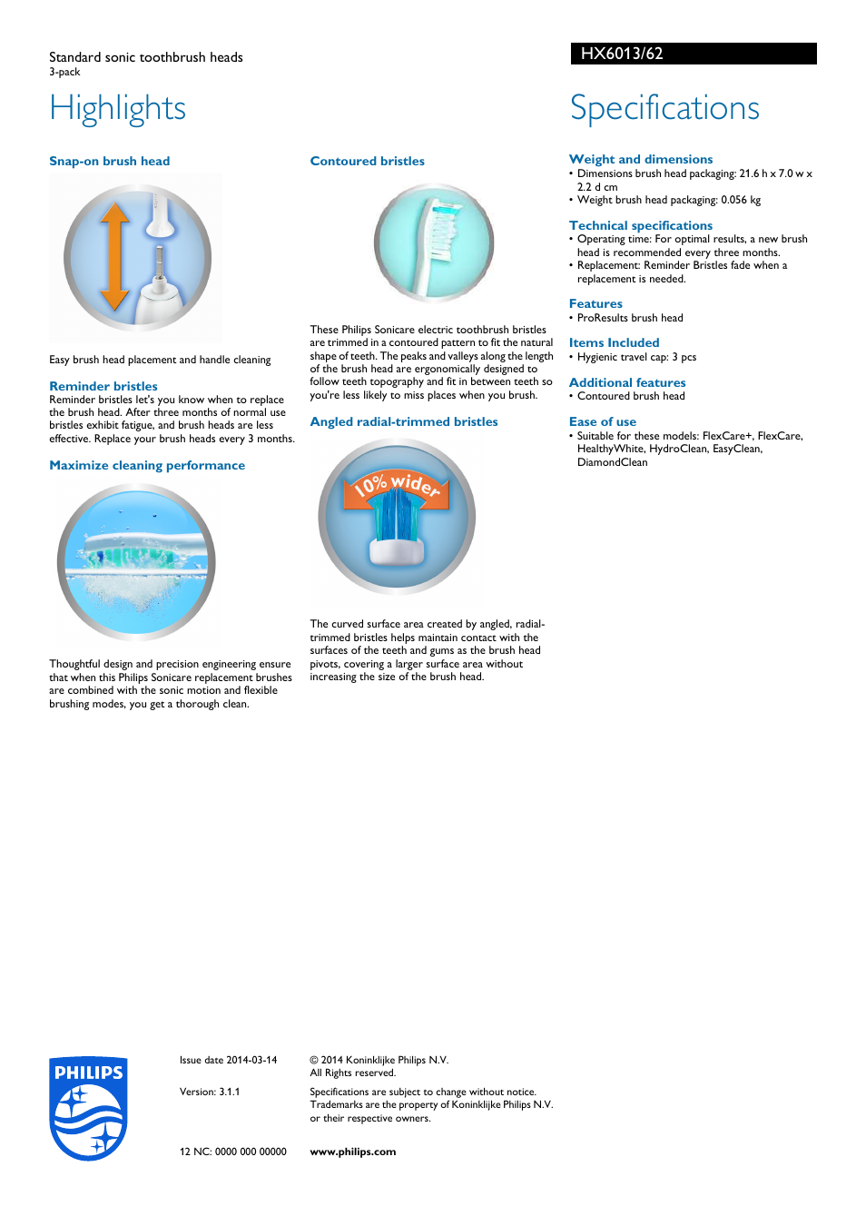 Highlights, Specifications | Philips HX6013-62 User Manual | Page 2 / 2