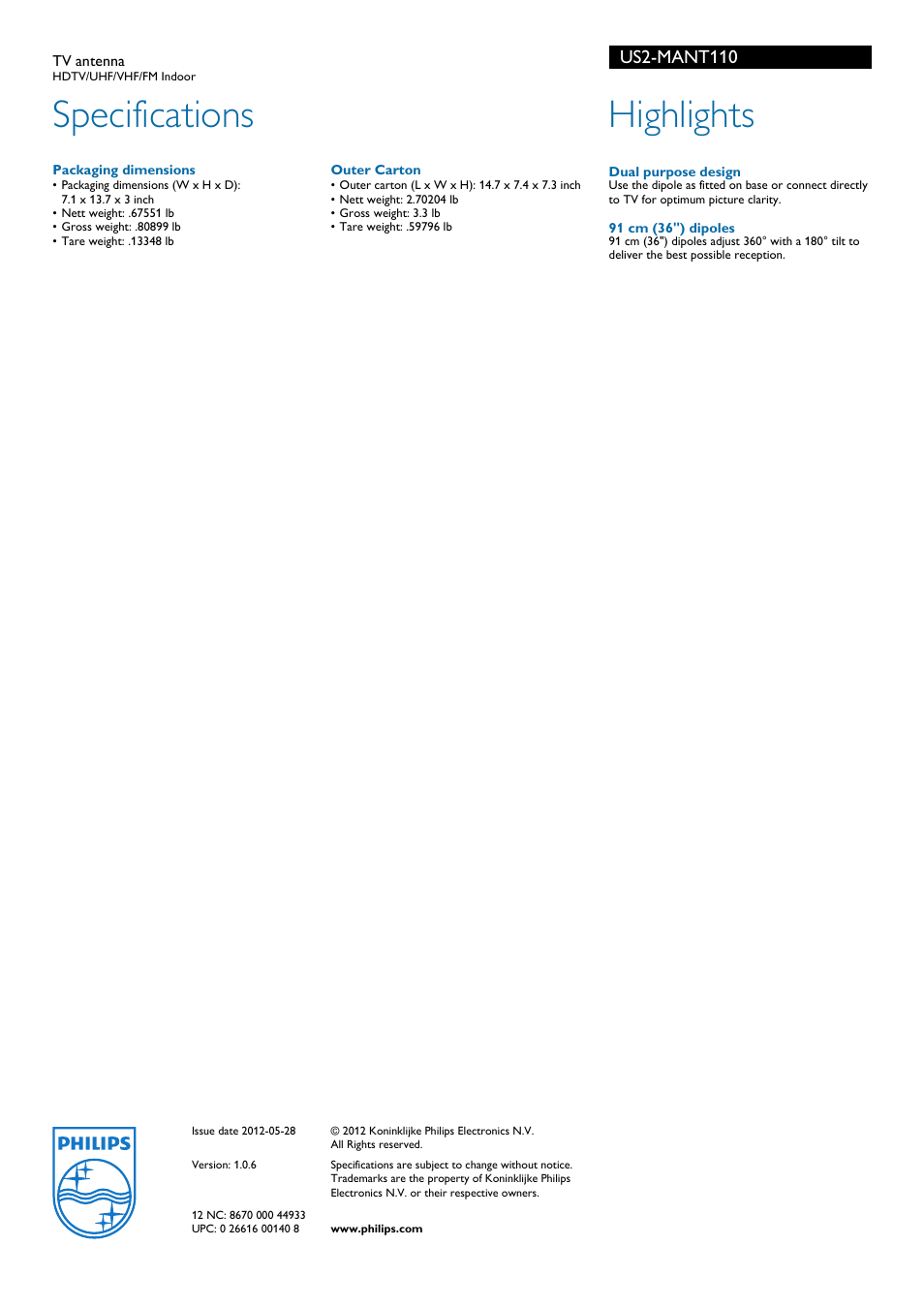Specifications, Highlights, Us2-mant110 | Philips US2-MANT110 User Manual | Page 2 / 2