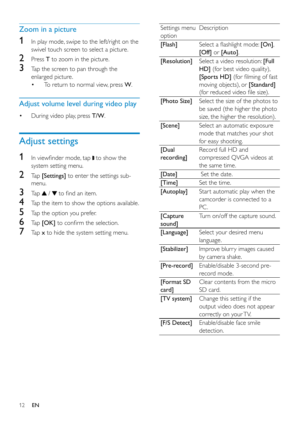 Adjust settings, Adjust settings 1 | Philips CAM300WH-00 User Manual | Page 12 / 19