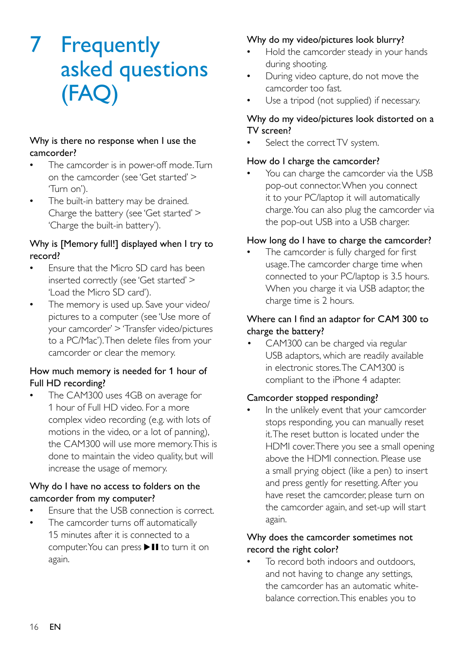 7 frequently asked questions (faq), 7 frequently asked questions (faq) 16 | Philips CAM300WH-00 User Manual | Page 16 / 19