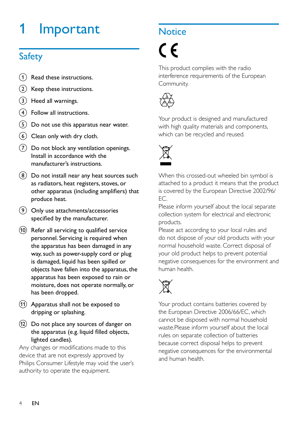 1 important, Safety, Notice | 1 important 4 | Philips CAM300WH-00 User Manual | Page 4 / 19