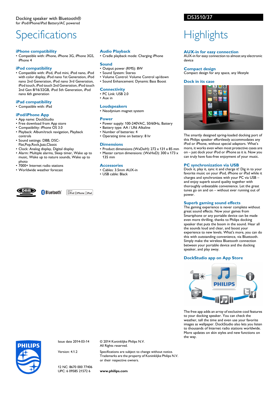 Specifications, Highlights | Philips DS3510-37 User Manual | Page 2 / 2