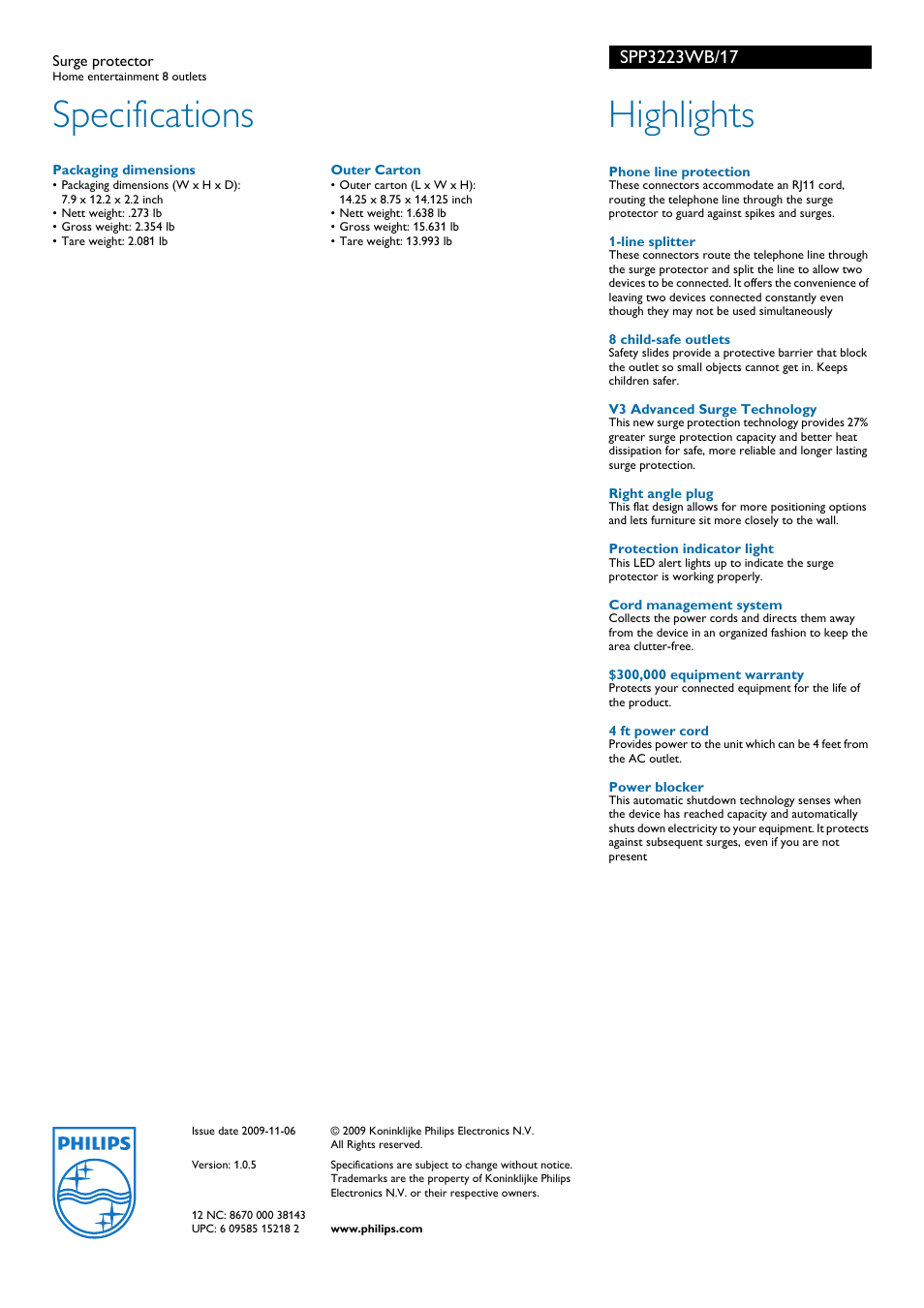 Specifications, Highlights | Philips SPP3223WB-17 User Manual | Page 2 / 2