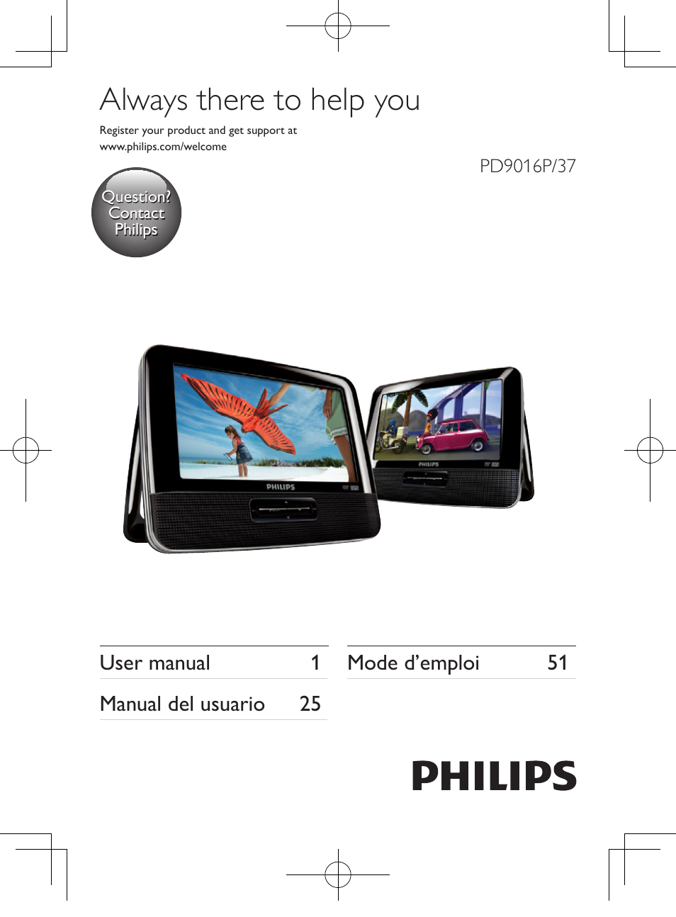 Philips Portable DVD Player PD9016P 22.9 cm 9" LCD Dual DVD players User Manual | 26 pages