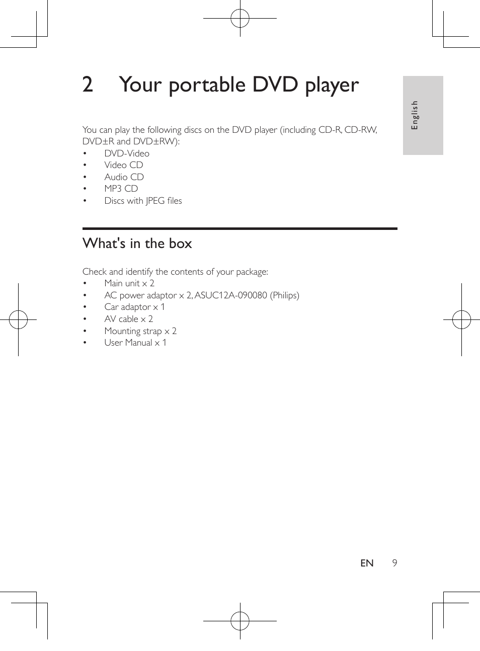 2 your portable dvd player, What's in the box | Philips Portable DVD Player PD9016P 22.9 cm 9" LCD Dual DVD players User Manual | Page 10 / 26