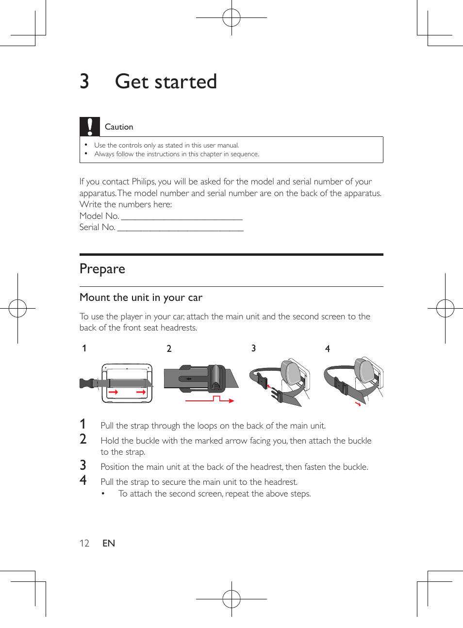 3 get started, Prepare 12 | Philips Portable DVD Player PD9016P 22.9 cm 9" LCD Dual DVD players User Manual | Page 13 / 26