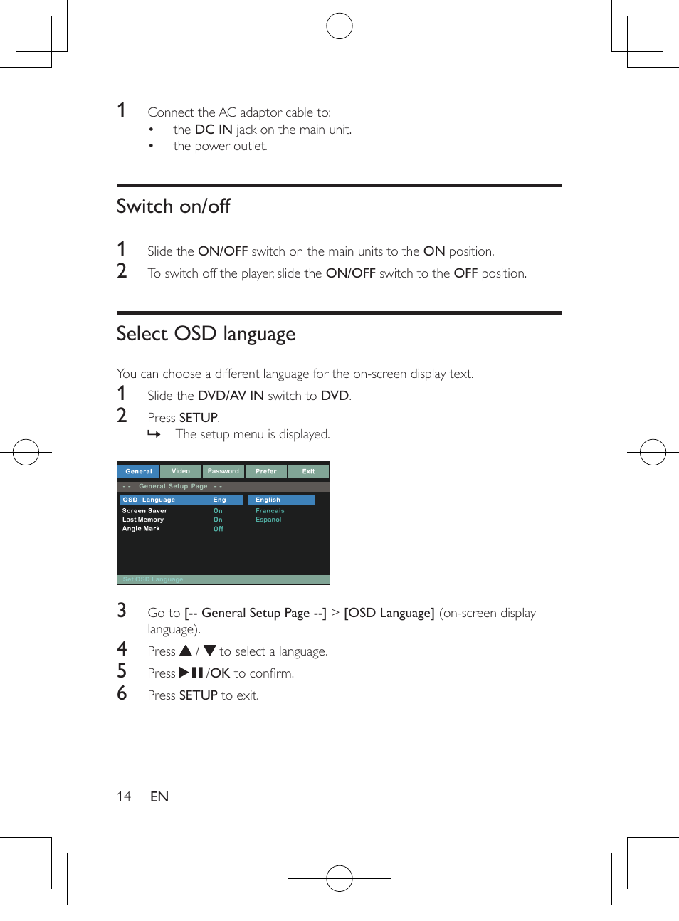 Switch on/off, Select osd language | Philips Portable DVD Player PD9016P 22.9 cm 9" LCD Dual DVD players User Manual | Page 15 / 26