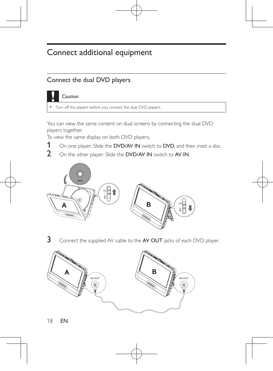 Connect additional equipment | Philips Portable DVD Player PD9016P 22.9 cm 9" LCD Dual DVD players User Manual | Page 19 / 26