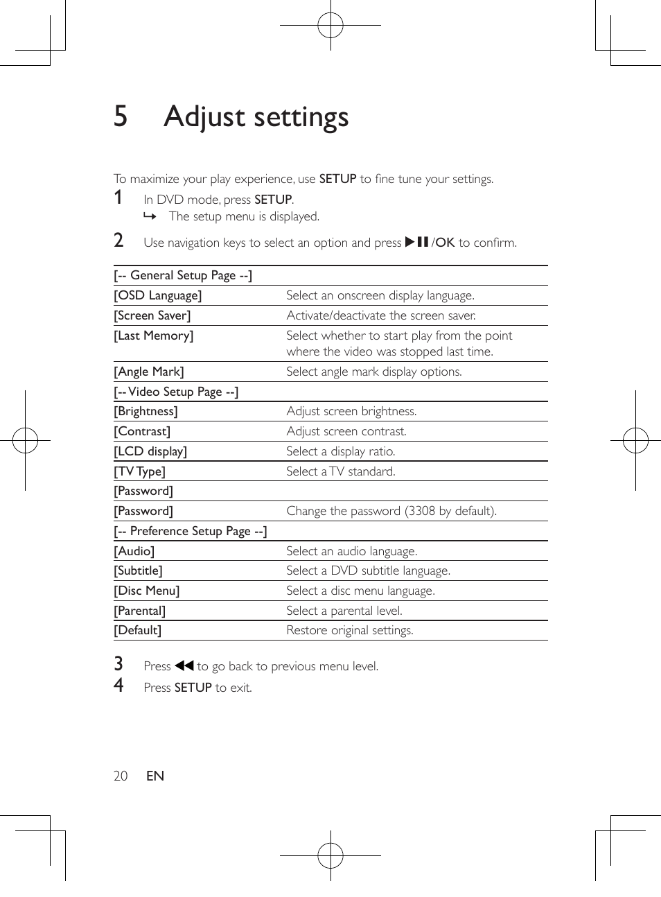 5 adjust settings | Philips Portable DVD Player PD9016P 22.9 cm 9" LCD Dual DVD players User Manual | Page 21 / 26