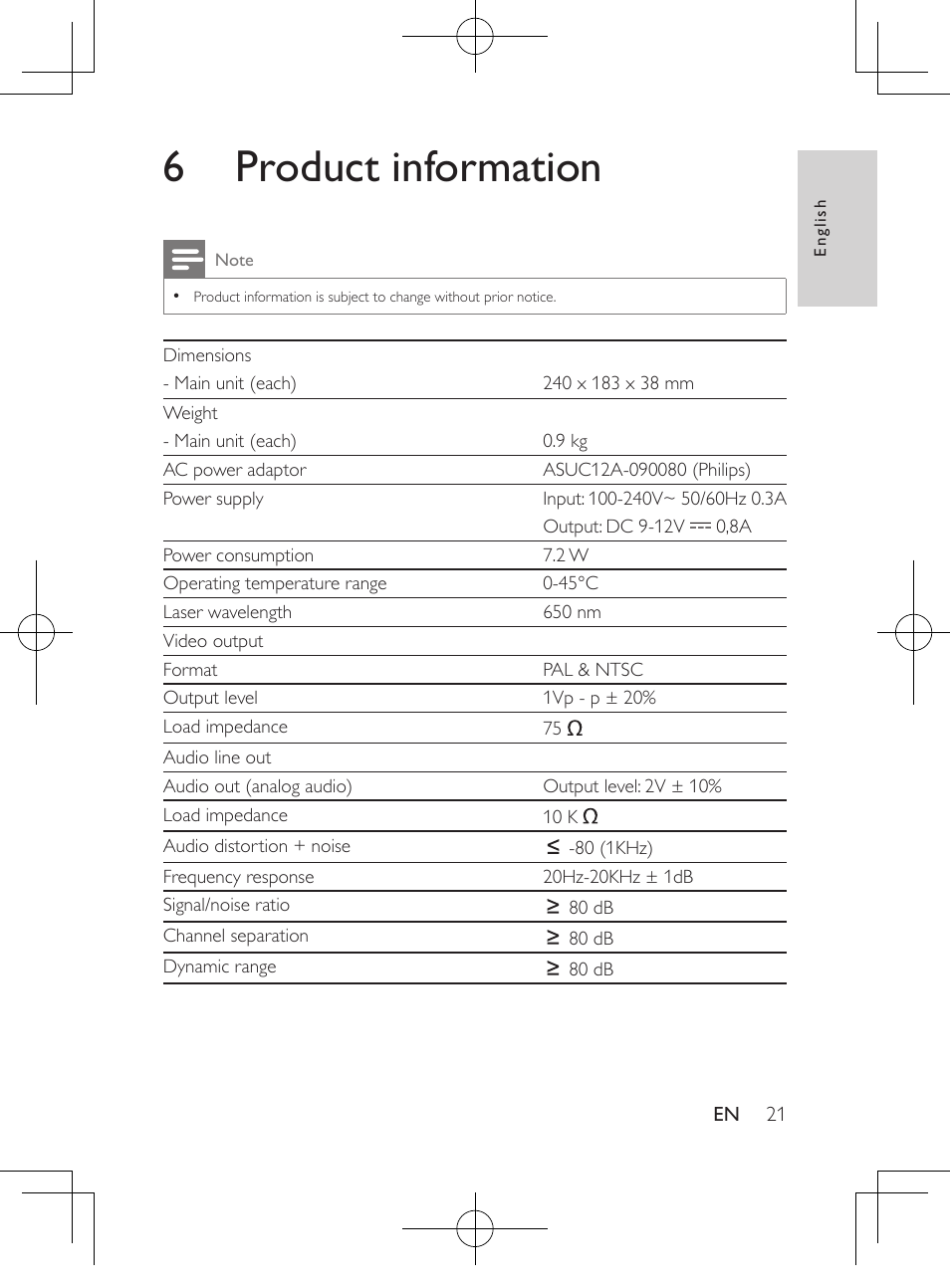 6 product information | Philips Portable DVD Player PD9016P 22.9 cm 9" LCD Dual DVD players User Manual | Page 22 / 26