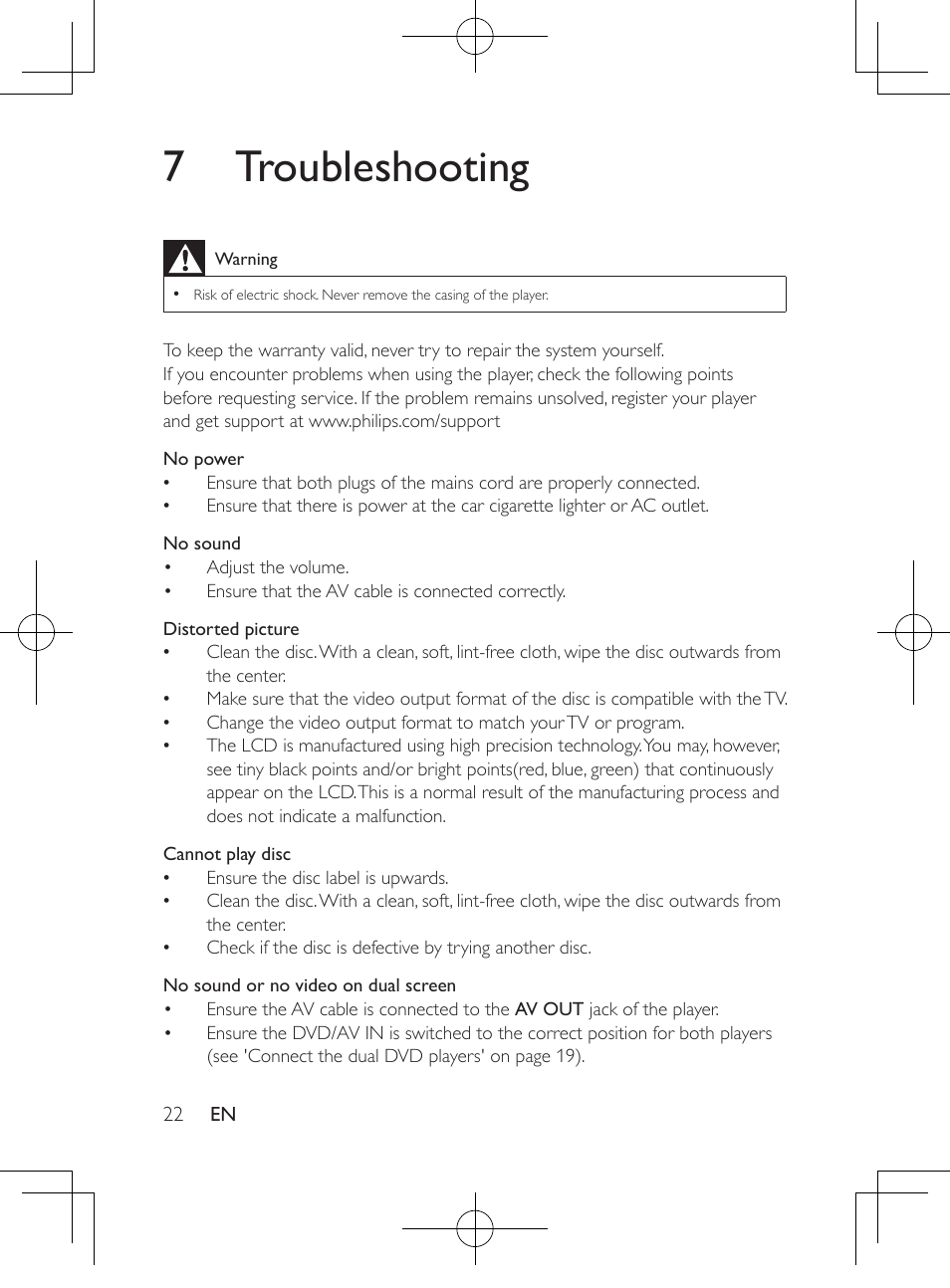 7 troubleshooting | Philips Portable DVD Player PD9016P 22.9 cm 9" LCD Dual DVD players User Manual | Page 23 / 26