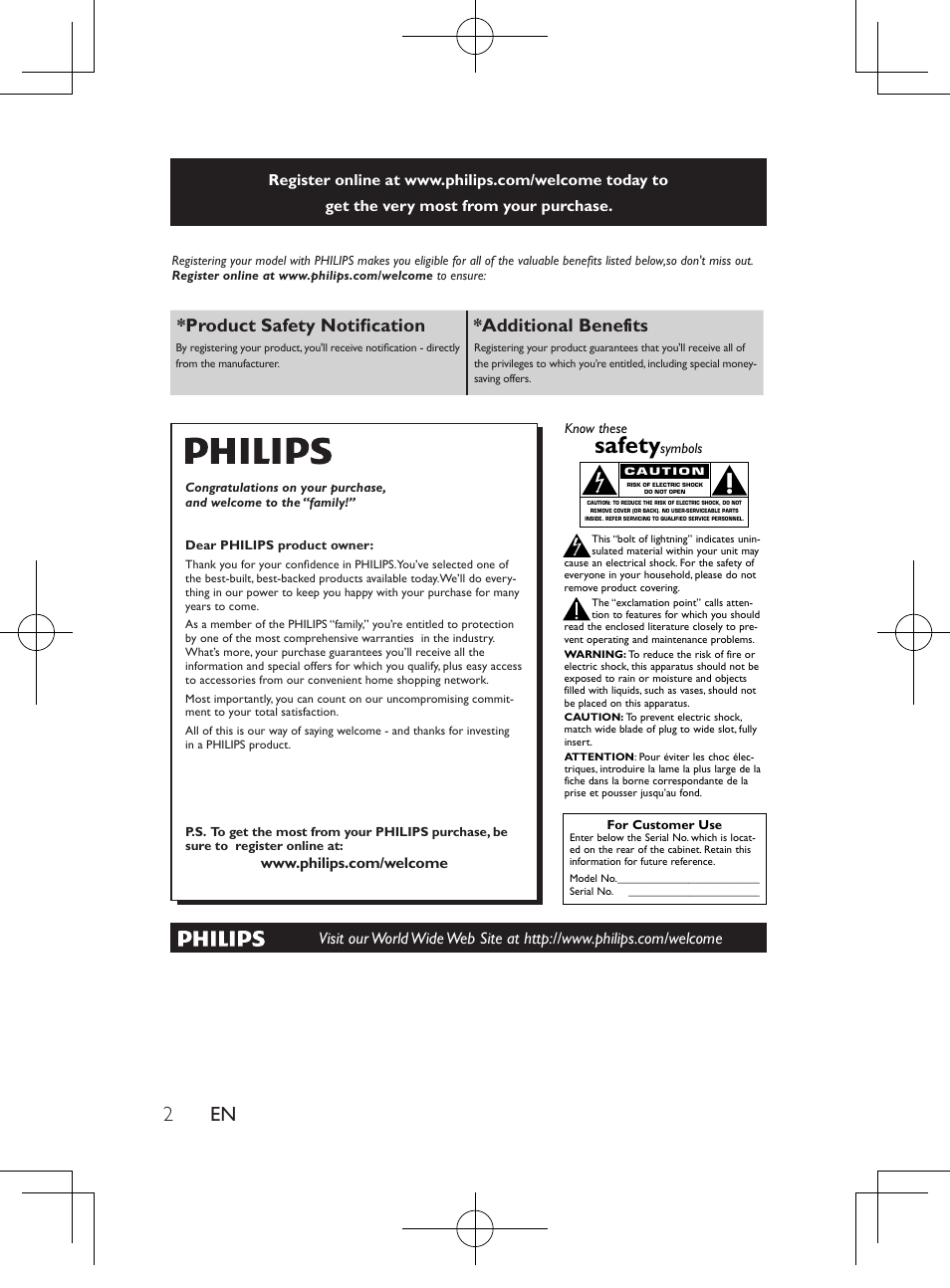 Safety, Product safety notification *additional benefits, Proof of purchase | Product safety notification, Additional benefits | Philips Portable DVD Player PD9016P 22.9 cm 9" LCD Dual DVD players User Manual | Page 3 / 26