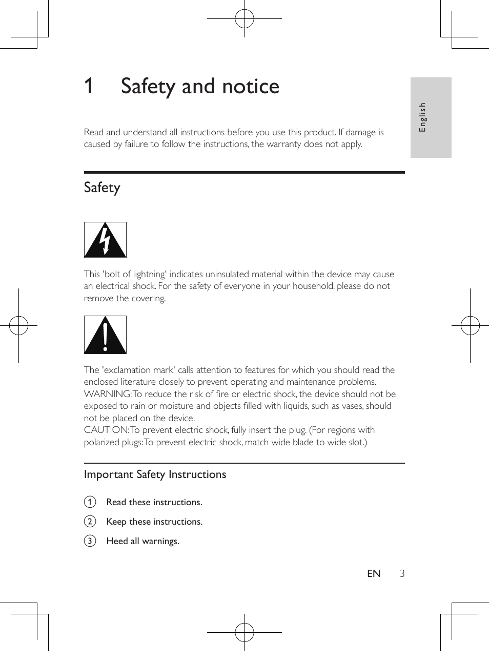 1 safety and notice, Safety 3 | Philips Portable DVD Player PD9016P 22.9 cm 9" LCD Dual DVD players User Manual | Page 4 / 26