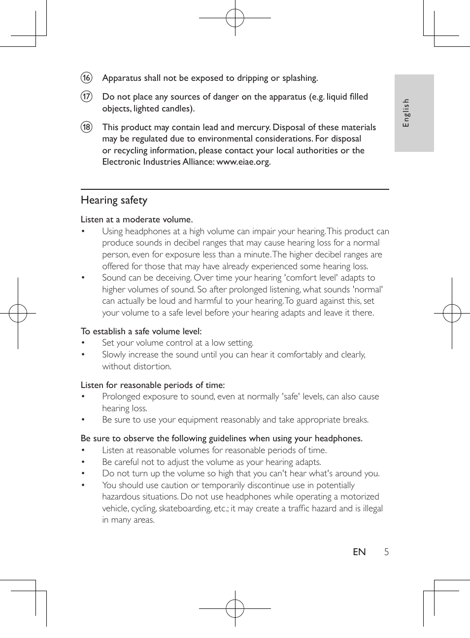 Hearing safety | Philips Portable DVD Player PD9016P 22.9 cm 9" LCD Dual DVD players User Manual | Page 6 / 26