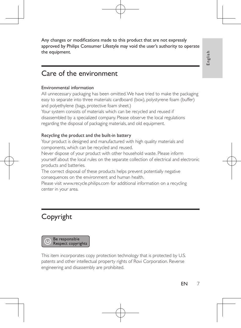 Care of the environment, Copyright 7, Copyright | Philips Portable DVD Player PD9016P 22.9 cm 9" LCD Dual DVD players User Manual | Page 8 / 26