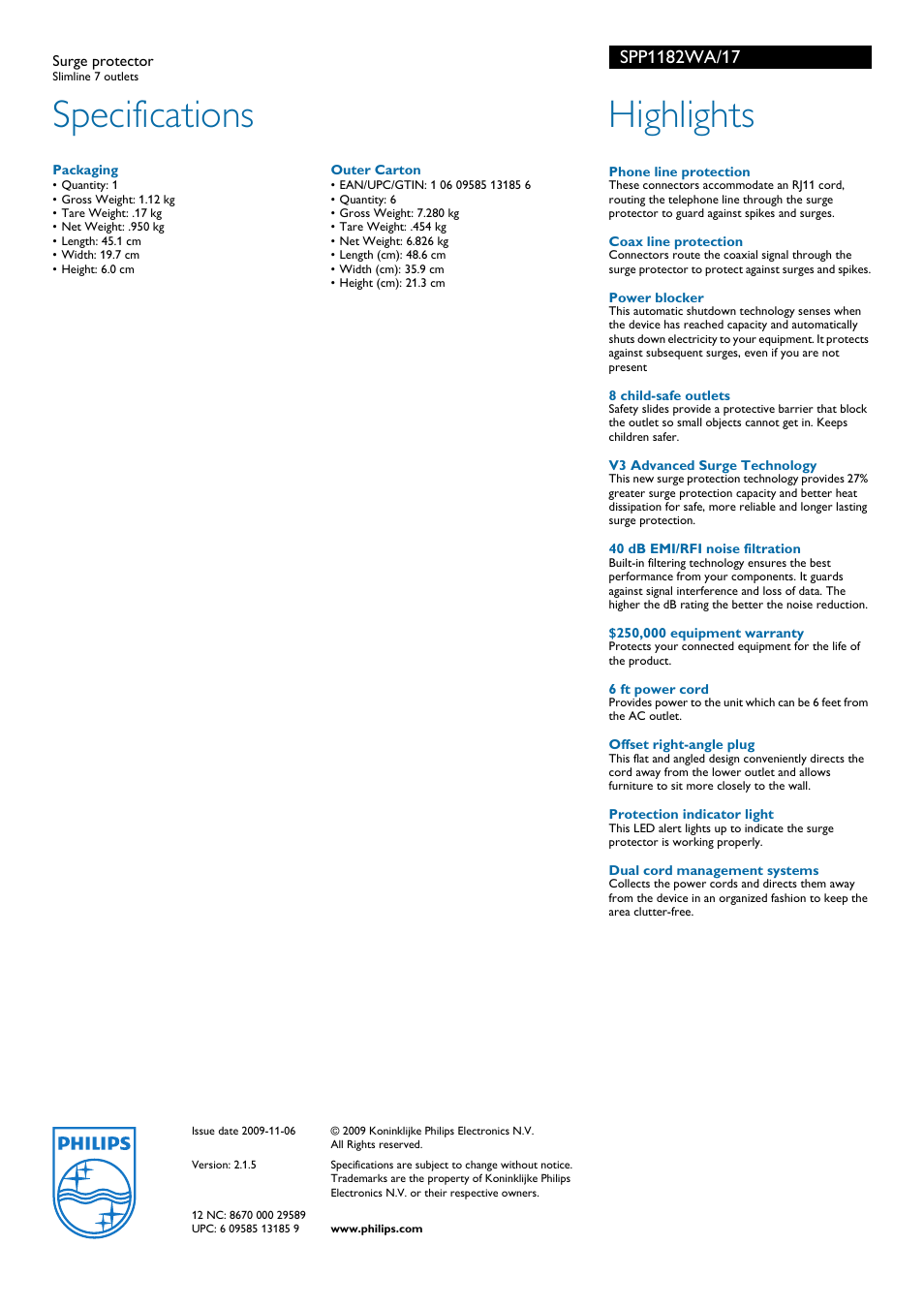 Specifications, Highlights | Philips SPP1182WA-17 User Manual | Page 2 / 2