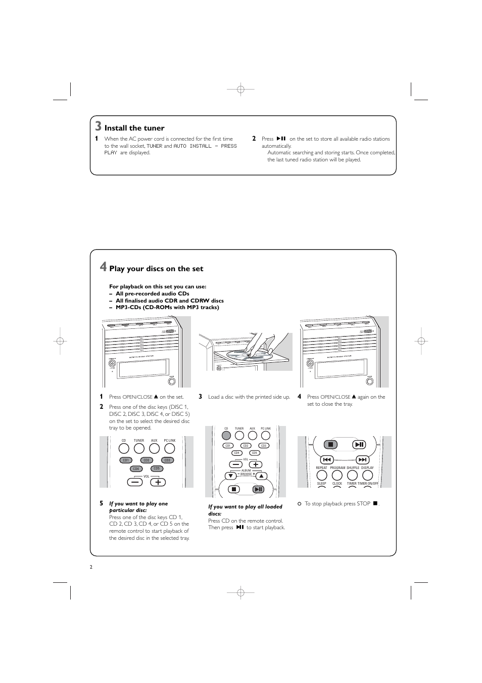 Install the tuner, Play your discs on the set | Philips MCW770-37 User Manual | Page 2 / 4