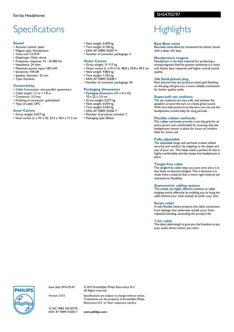 Specifications, Highlights | Philips SHS4702-97 User Manual | Page 2 / 2