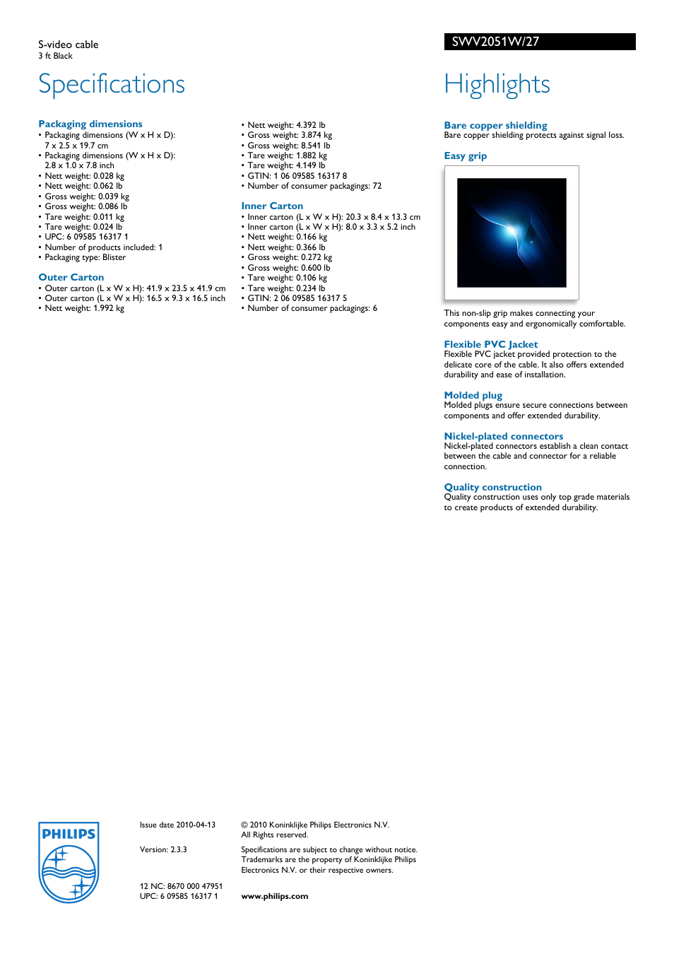 Specifications, Highlights | Philips SWV2051W-27 User Manual | Page 2 / 2