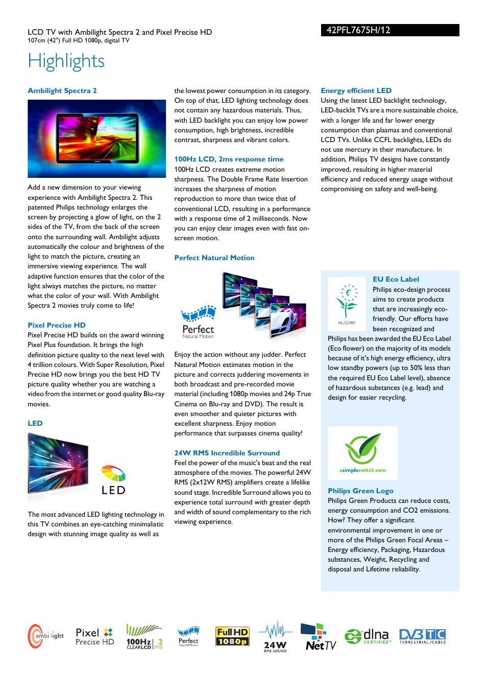 Highlights | Philips 42PFL7675H-12 User Manual | Page 2 / 3