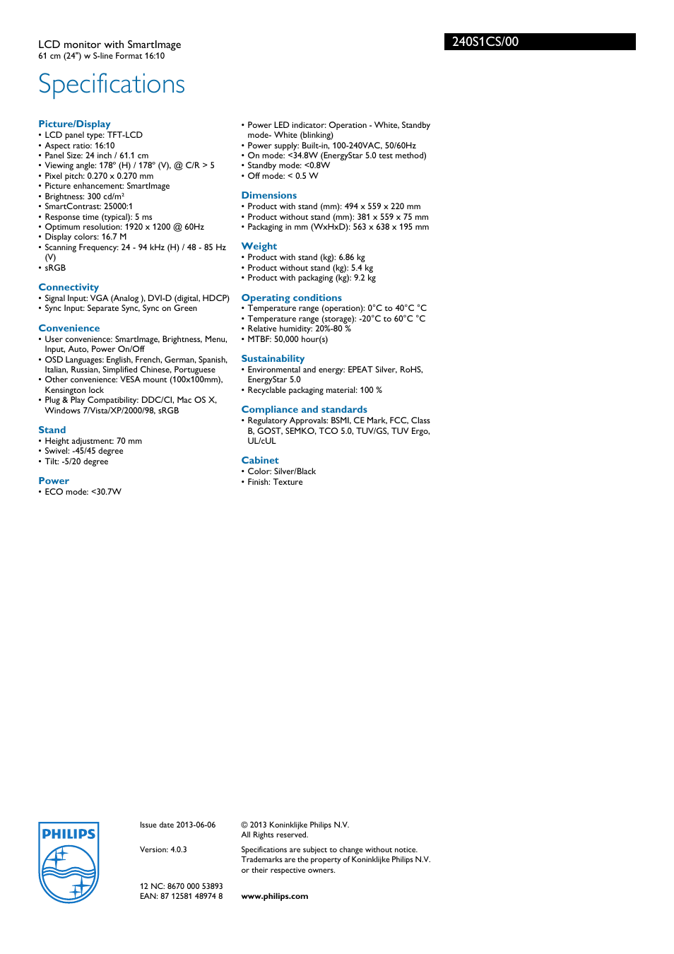 Specifications | Philips 240S1CS-00 User Manual | Page 3 / 3