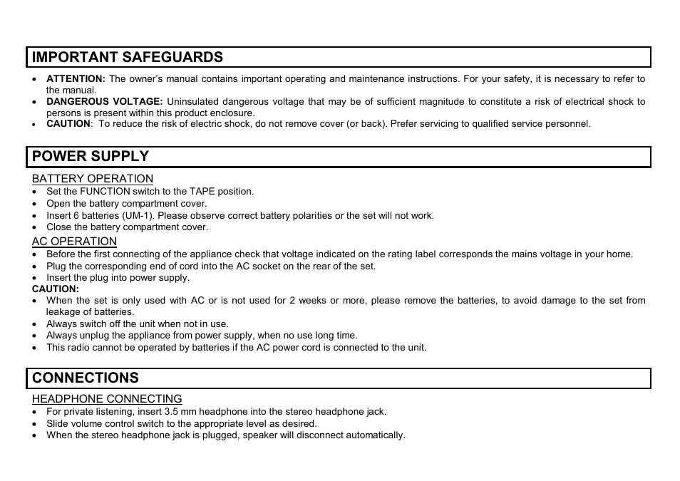 Important safeguards, Power supply, Connections | Hyundai H-2203 User Manual | Page 3 / 17