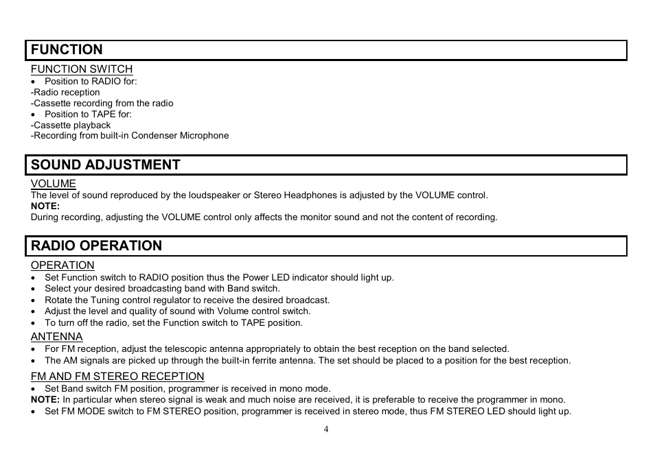 Function, Sound adjustment, Radio operation | Hyundai H-2203 User Manual | Page 4 / 17