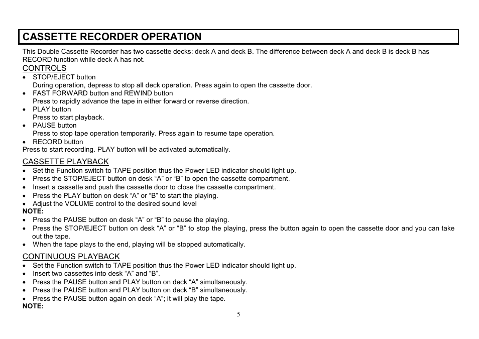 Cassette recorder operation | Hyundai H-2203 User Manual | Page 5 / 17