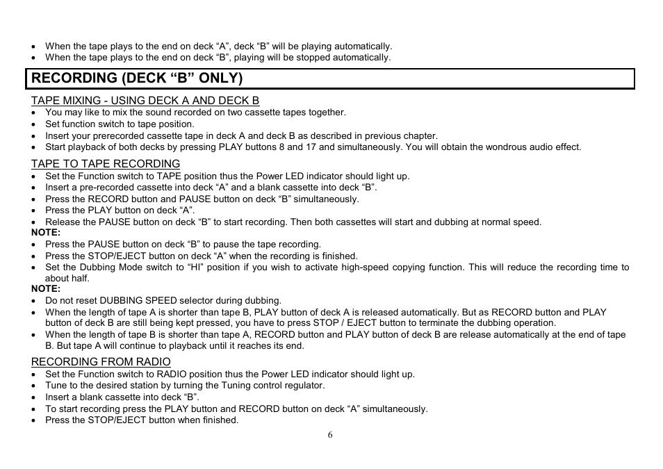 Recording (deck only) | Hyundai H-2203 User Manual | Page 6 / 17