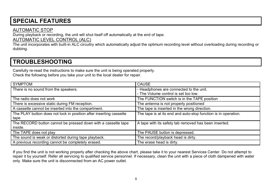 Special features, Troubleshooting | Hyundai H-2203 User Manual | Page 8 / 17