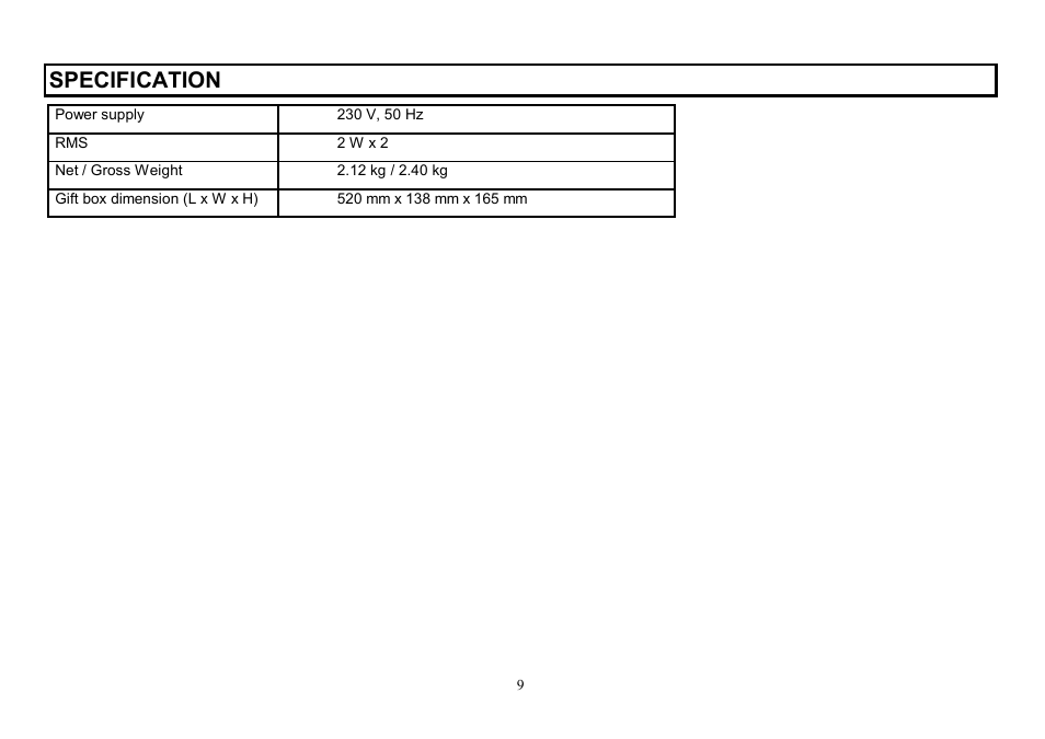 Specification | Hyundai H-2203 User Manual | Page 9 / 17