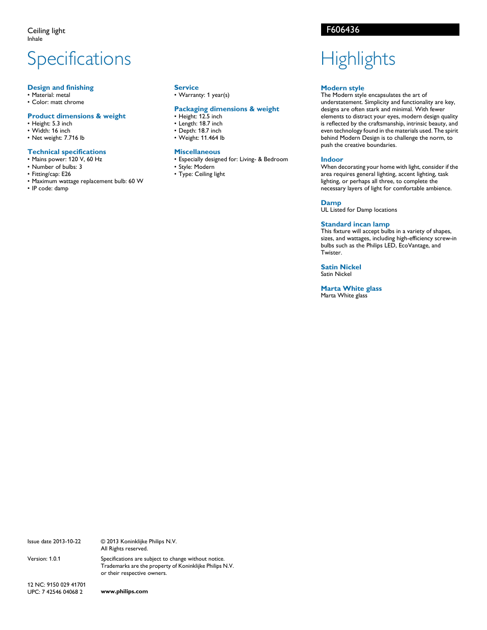 Specifications, Highlights | Philips F606436 User Manual | Page 2 / 2