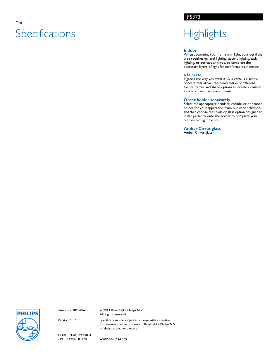 Specifications, Highlights, F5373 | Philips F5373 User Manual | Page 2 / 2