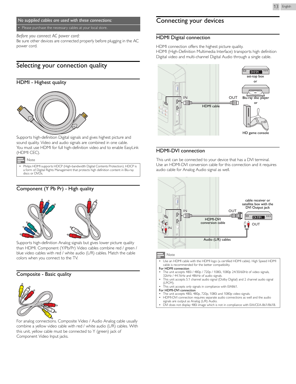 Selecting your connection quality, Connecting your devices, Hdmi - highest quality | Component (y pb pr) - high quality, Composite - basic quality, Hdmi digital connection, Hdmi-dvi connection | Philips 24PFL4508-F7 User Manual | Page 13 / 39